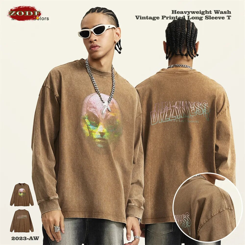 ZODF Alien Graphic Long Sleeve Washed  Cotton T-Shirt