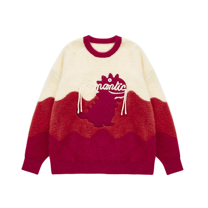 INFLATION Romantic Dinosaur Embroidery Colorblock Knitted Sweater