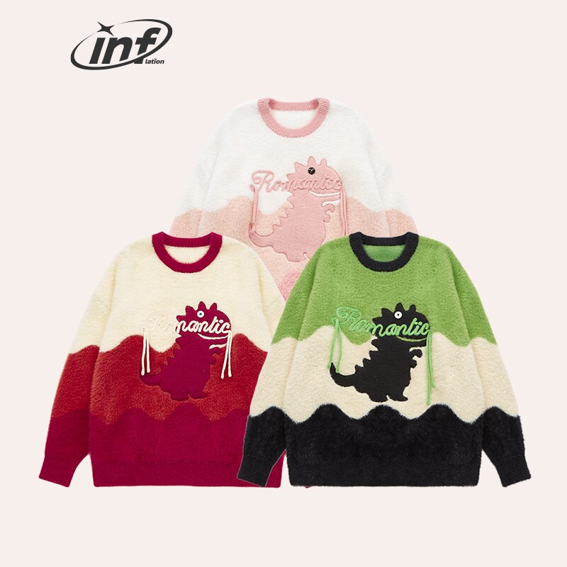 INFLATION Romantic Dinosaur Embroidery Colorblock Knitted Sweater