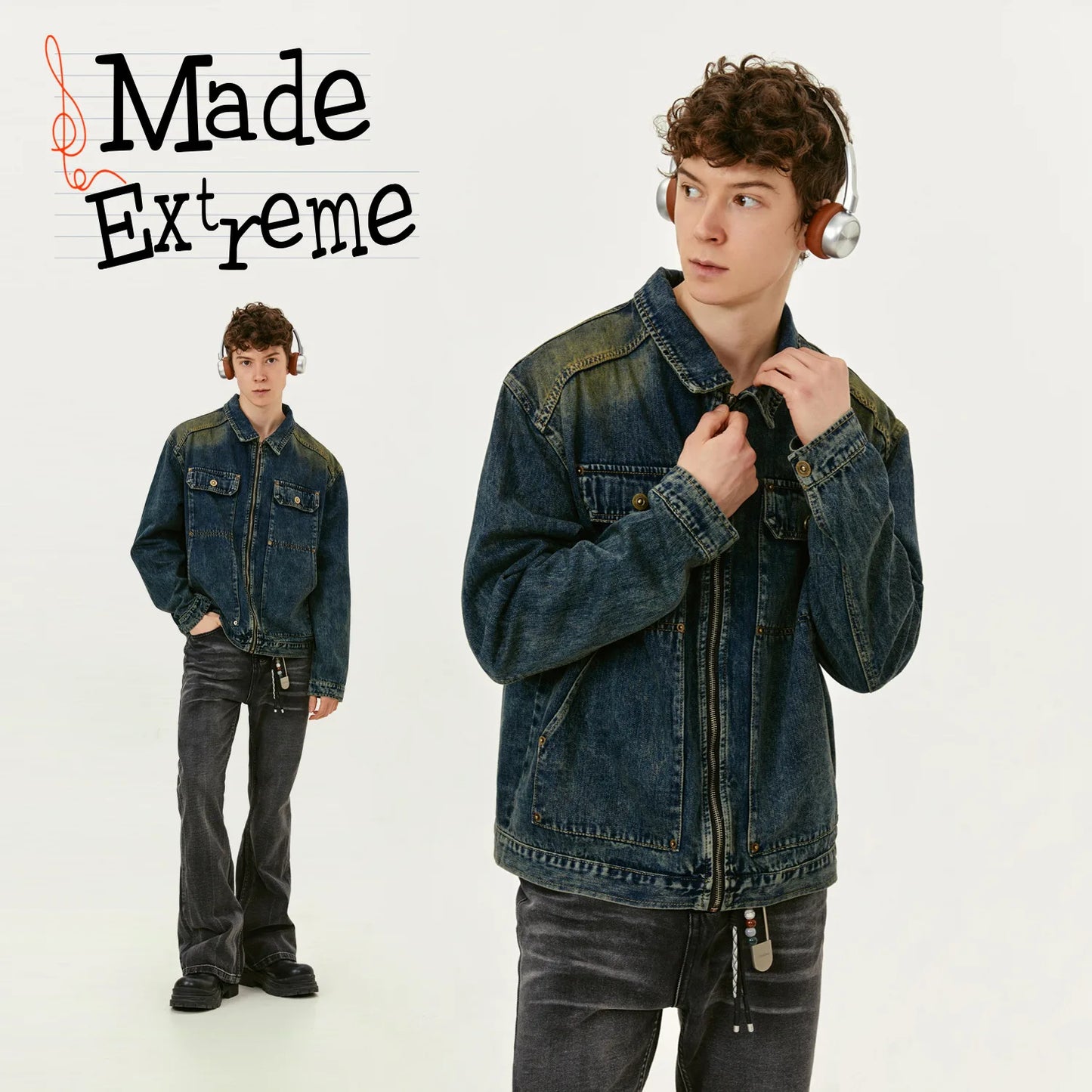 MADEEXTREME Washed Distressed Faded Denim Jacket