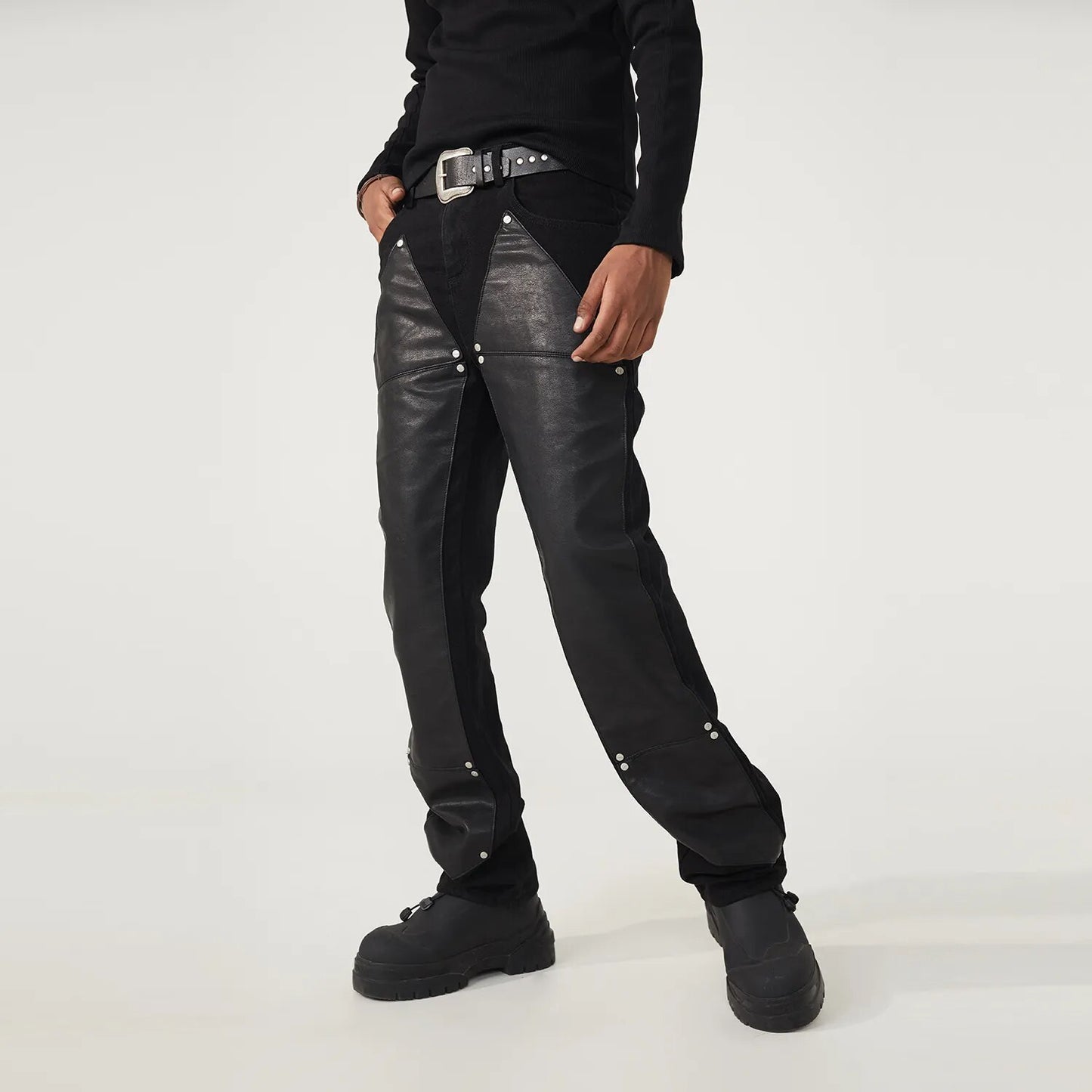 R69 Black PU leather stitching jeans