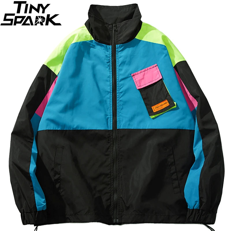 Retro Color Block Patchwork Oversized Windbreaker Jacket