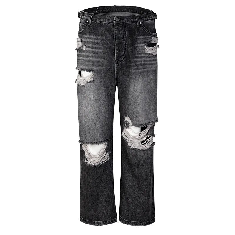 Knee ripped jeans distressed wide leg baggy denim jeans