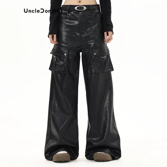 Wide Leg Biker Leather Pants