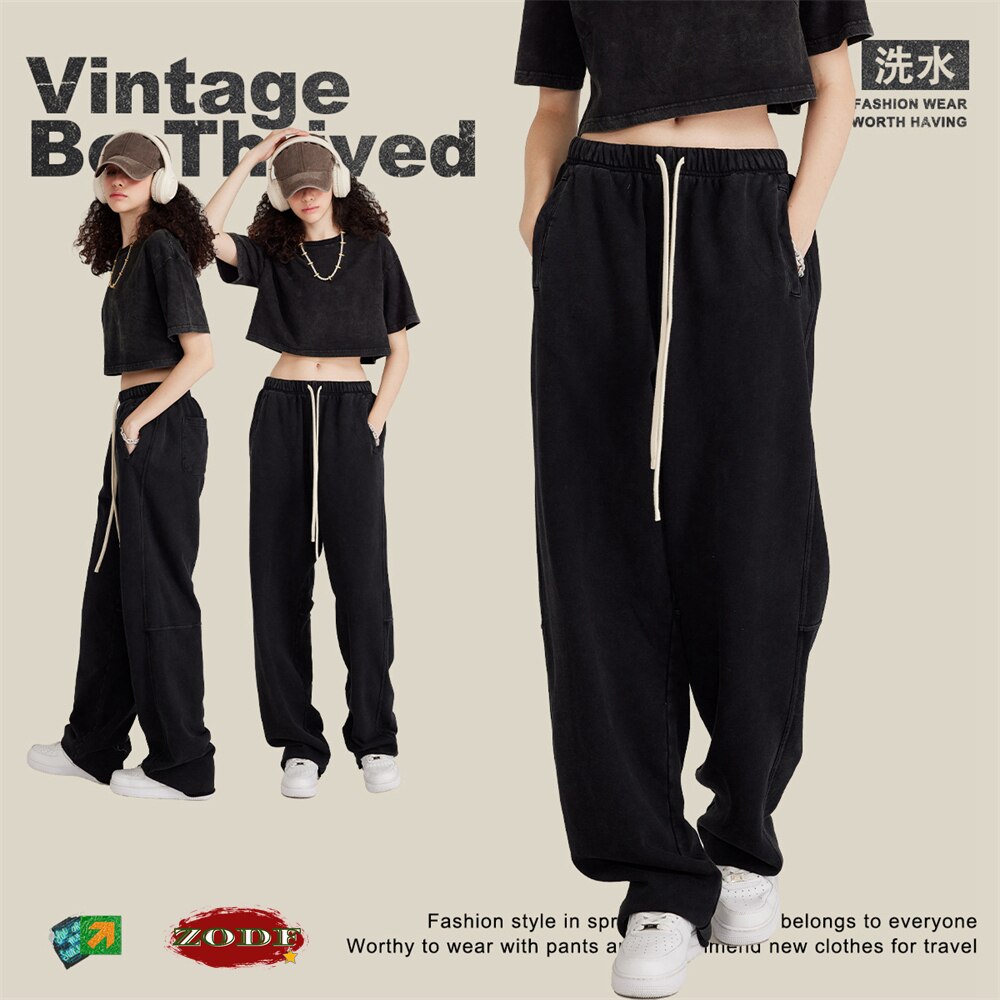 ZODF Retro Cotton Loose Edge Oversized Straight Washed Sweatpant