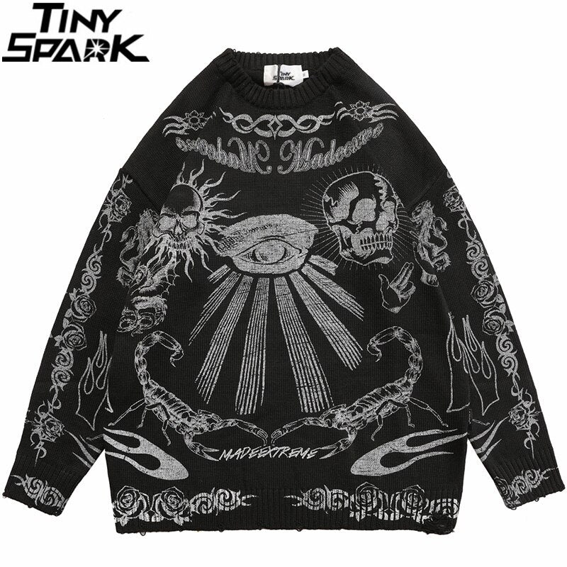 Rose Eye Scorpion Print Ripped Cotton Casual Knitted Sweater