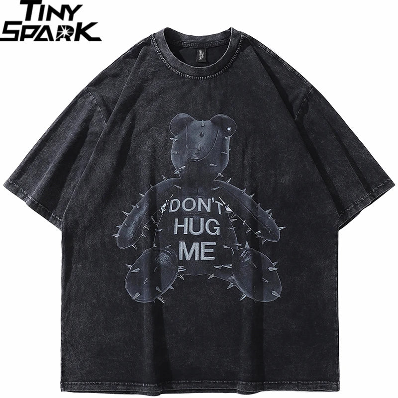 "Don't Hug Me" Black Barbed Bear Graphic Oversized Washed T-Shirt