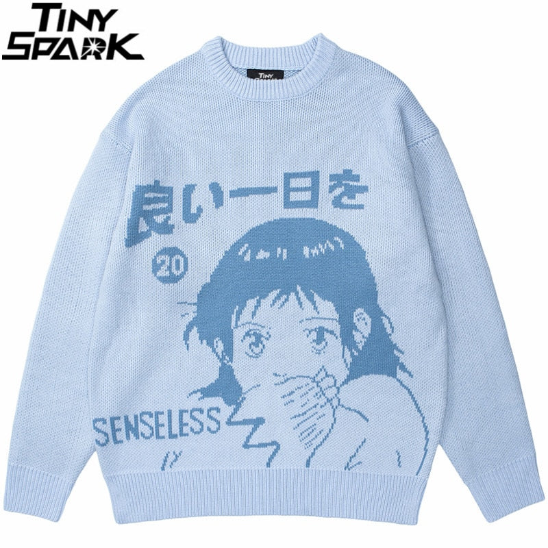 Knitted Japanese Kanji Anime Print Cotton Casual Sweater
