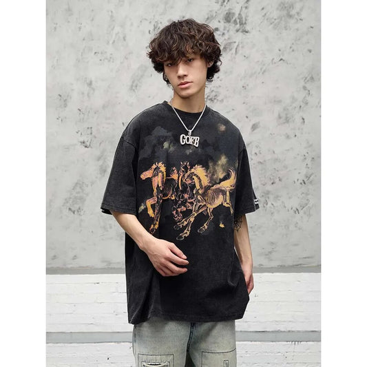 MADE EXTREME Flame horse graphic distressed oversized T-shirt