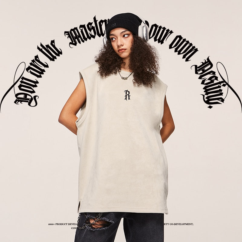 Gothic Lettering Oversize Heavyweight Suede Sleeveless T-Shirt