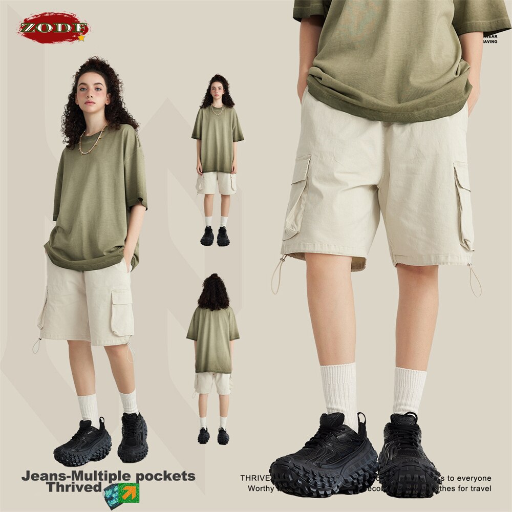ZODF Washed Woven Adjustable Drawstring Cotton Solid Cargo Shorts
