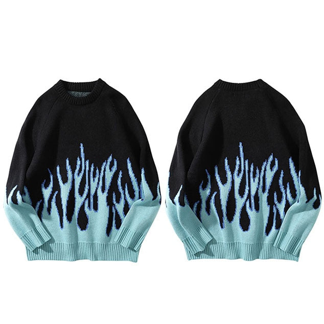 Blue Fire Flame Cotton Knitted Sweater