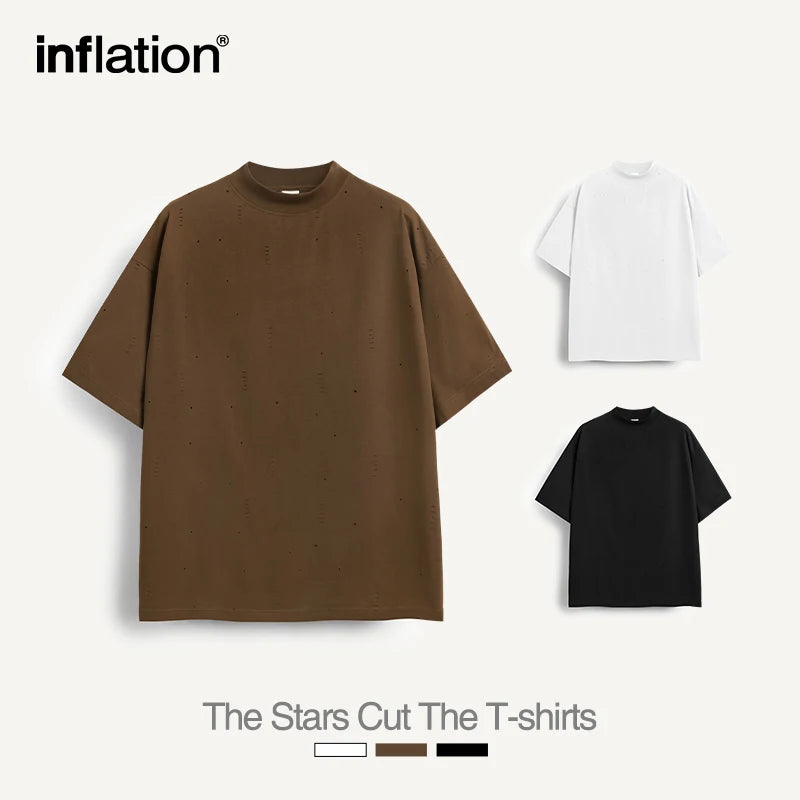 INFLATION Ripped Heavyweight Mock Neck Oversized Cotton T-Shirt