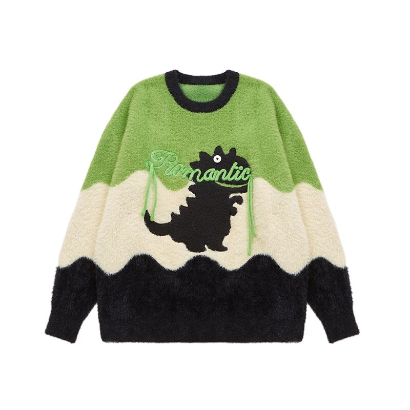 INFLATION Romantic Dinosaur Embroidery Colorblock Knitted Sweater