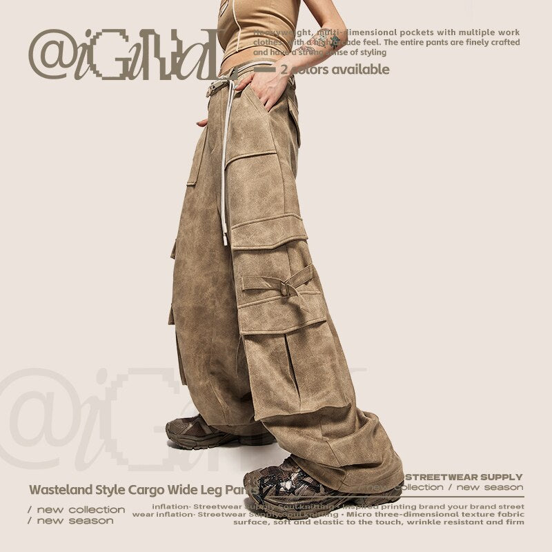 INFLATION Brown Distressed Suede Unisex Cargo Pants