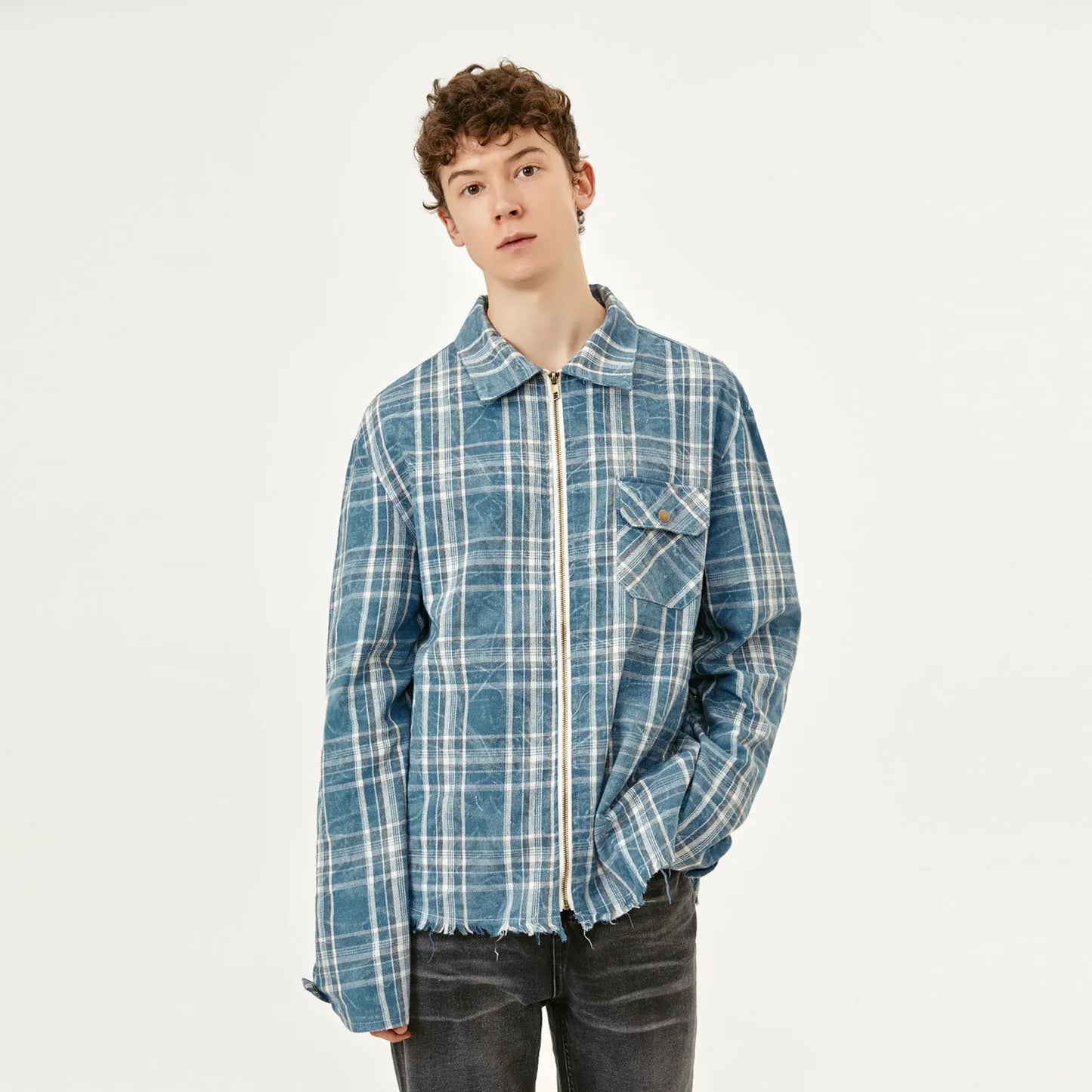 MADEEXTREME Checkered Tassels Zip Up Casual Shirt