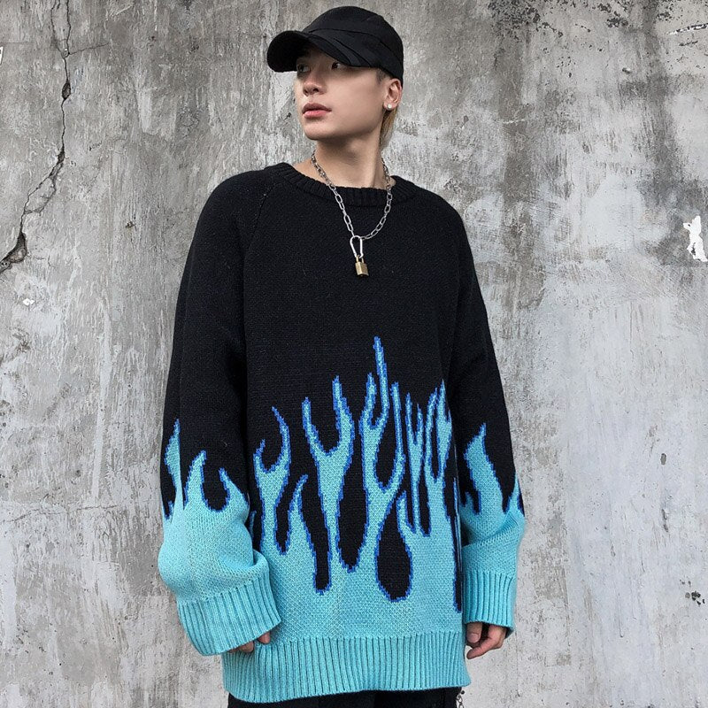 Blue Fire Flame Cotton Knitted Sweater