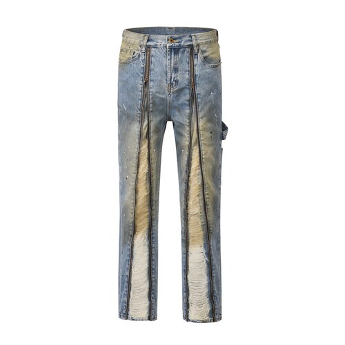 Double Zipper Washed Vintage Yellow Distressed Denim Jeans