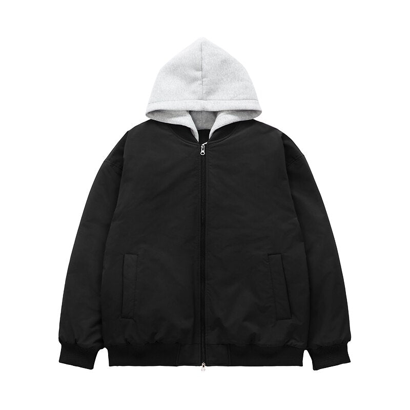 INFLATION Colorblock Detachable Hooded Cotton Padded Bomber Jacket