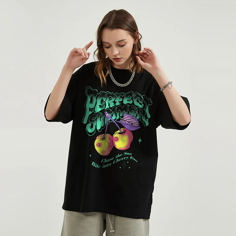 Perfect Summer Cherry Graphic Casual Black T-Shirt