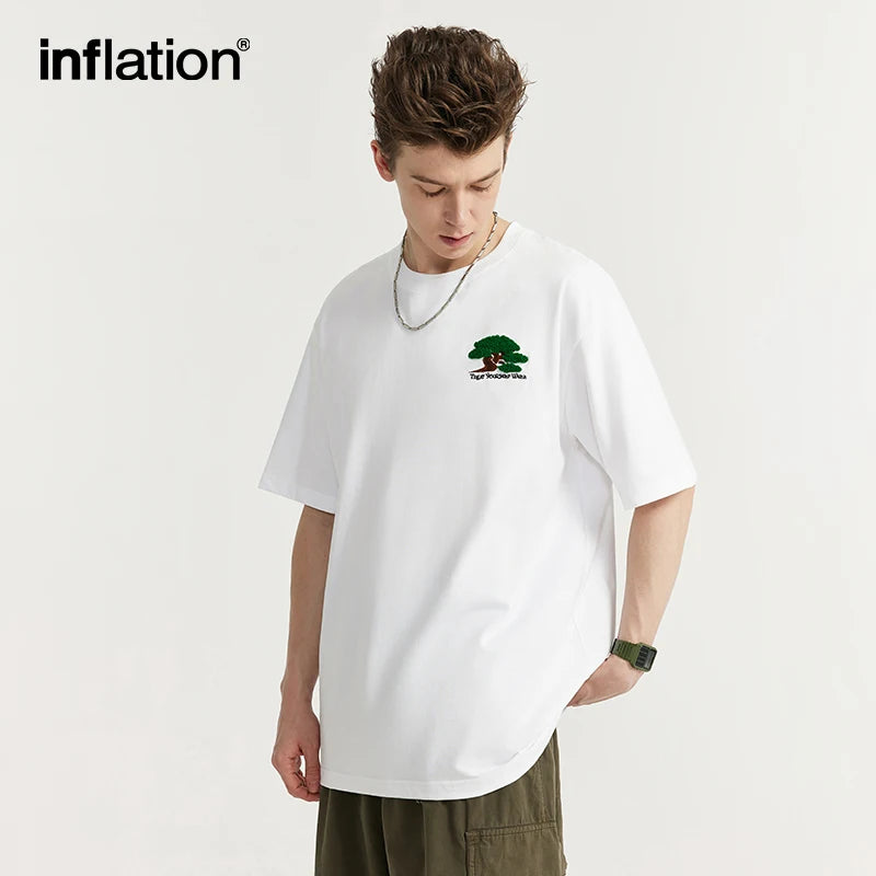 INFLATION Embroidery Cotton Short Sleeve Round Neck T-shirt