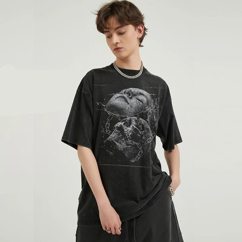 Cracked Face Skull Graphic Retro Washed Black T-Shirt