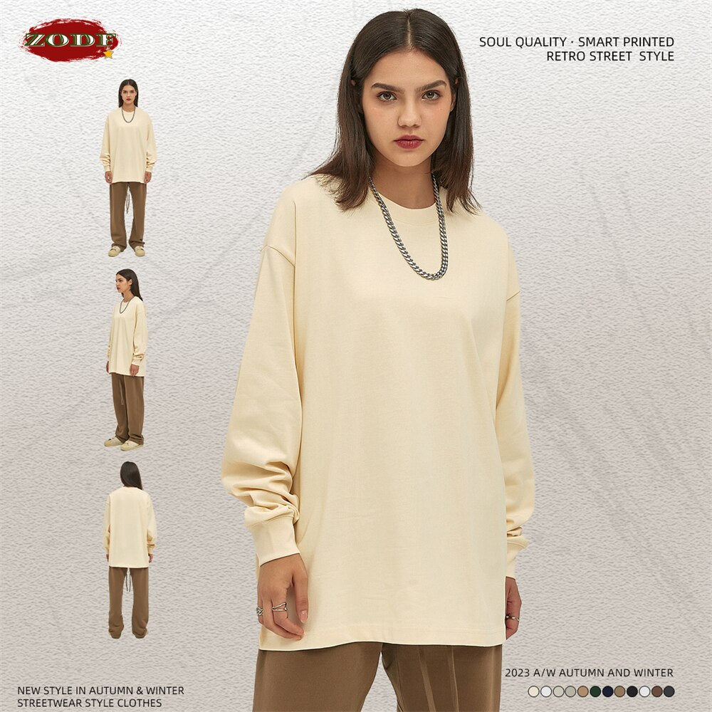 ZODF Loose Heavy Weight Basic Long Sleeve Solid Cotton T-Shirts