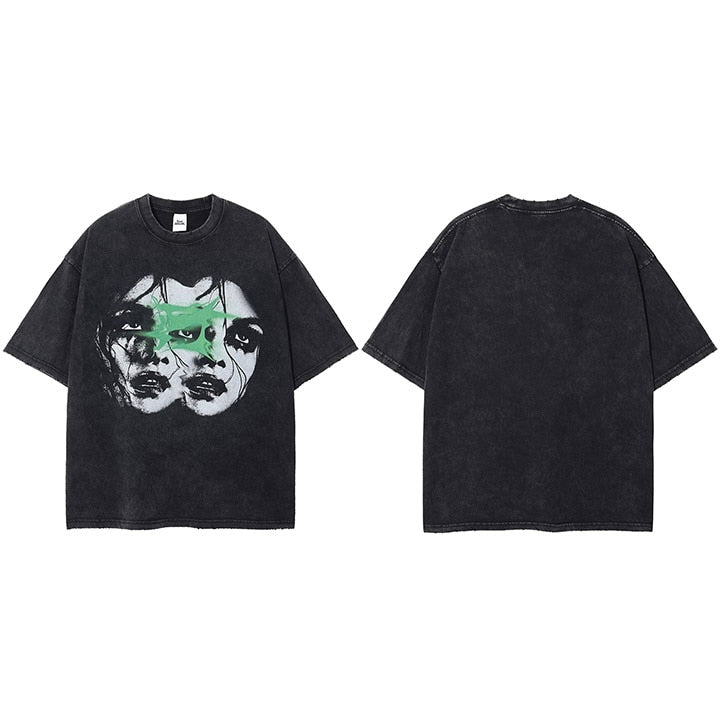 Washed Ripped Retro Double Faces Graphic T-Shirt