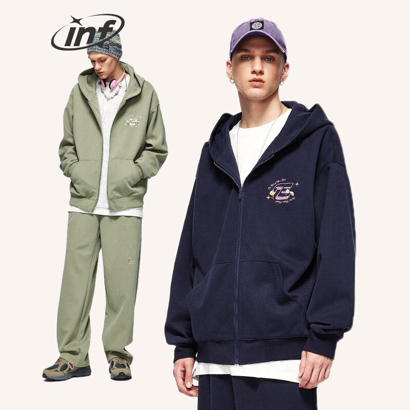 INFLATION Brushed Zip Up Embroidered Oversized Hoodie