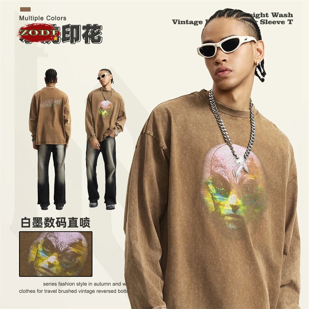 ZODF Alien Graphic Long Sleeve Washed  Cotton T-Shirt