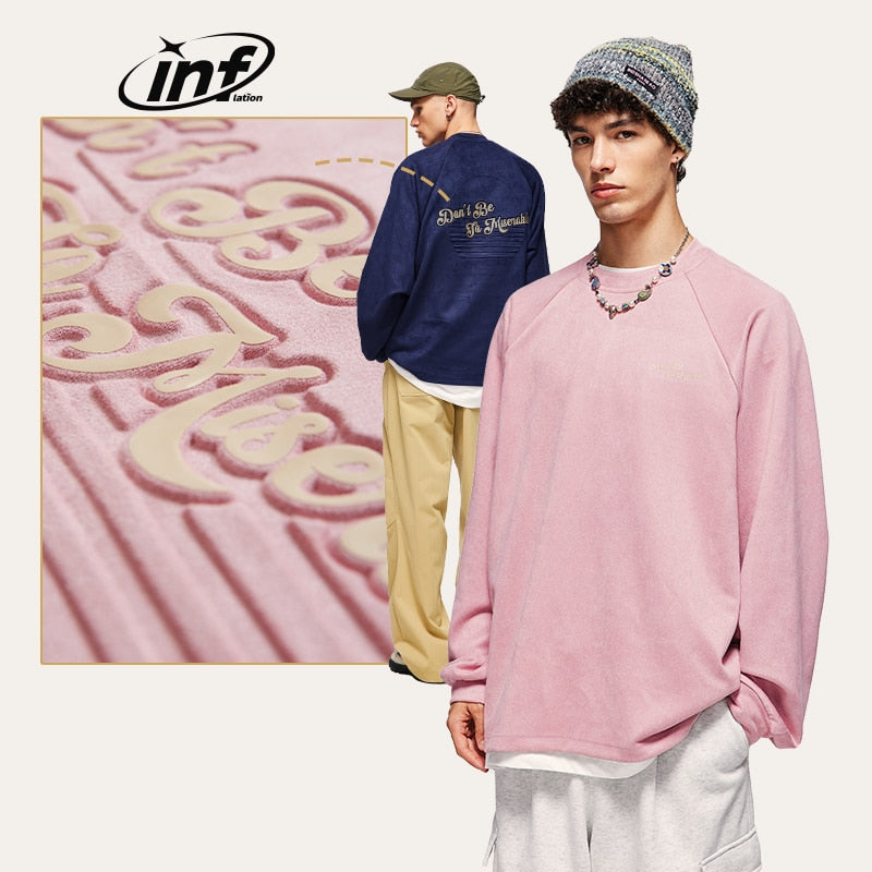 INFLATION Candy Color Back Embossed Lettering Suede Soft Touch Long Sleeved Oversized T-shirt