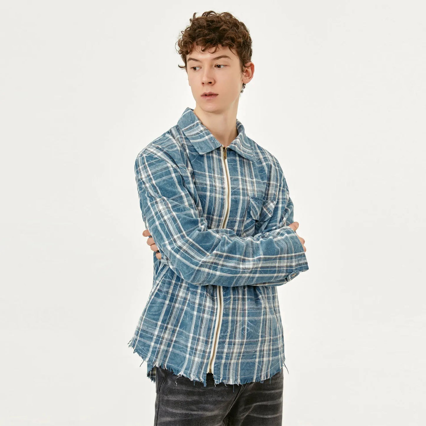 MADEEXTREME Checkered Tassels Zip Up Casual Shirt