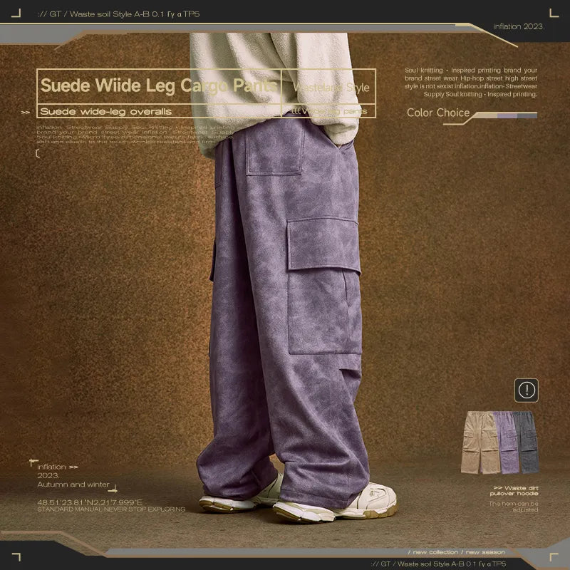 INFLATION Retro Washed Suede Wide Leg Cargo Pants