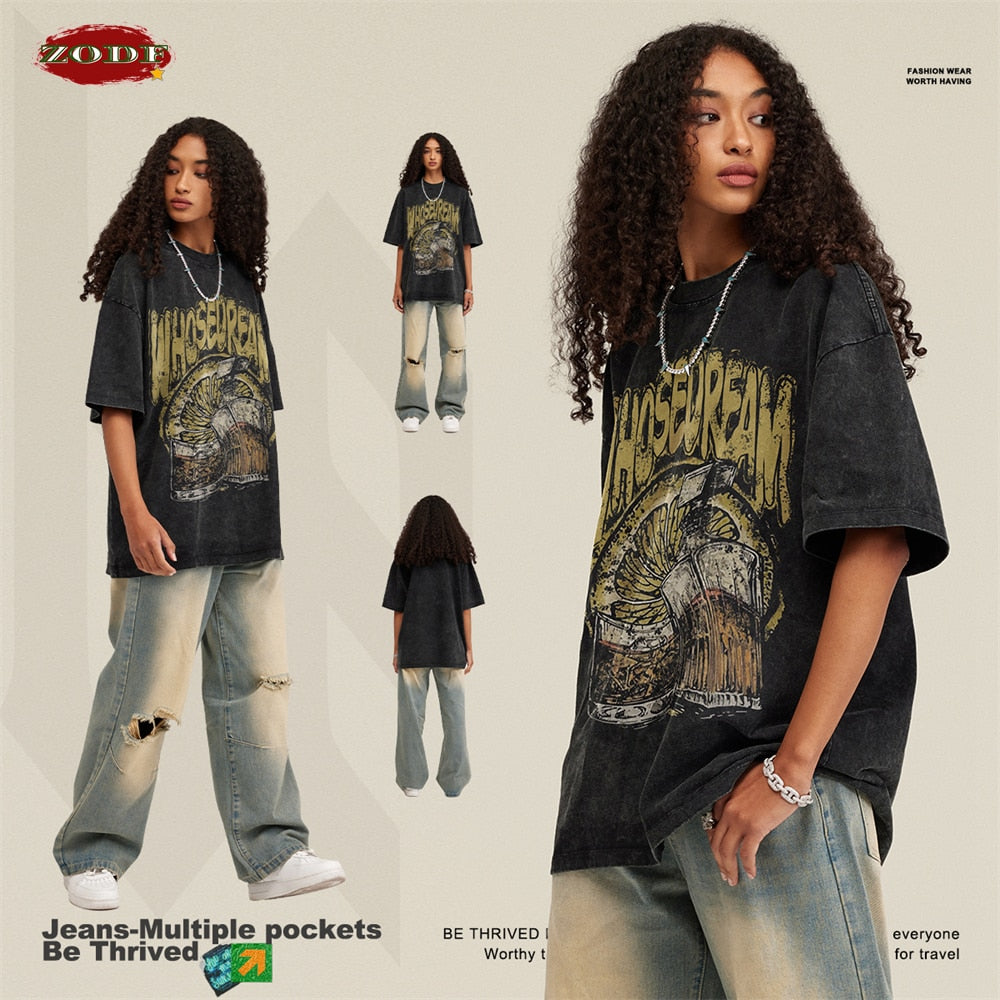 ZODF Washed Oversized High Graphic Print Cotton O Neck  T-Shirt
