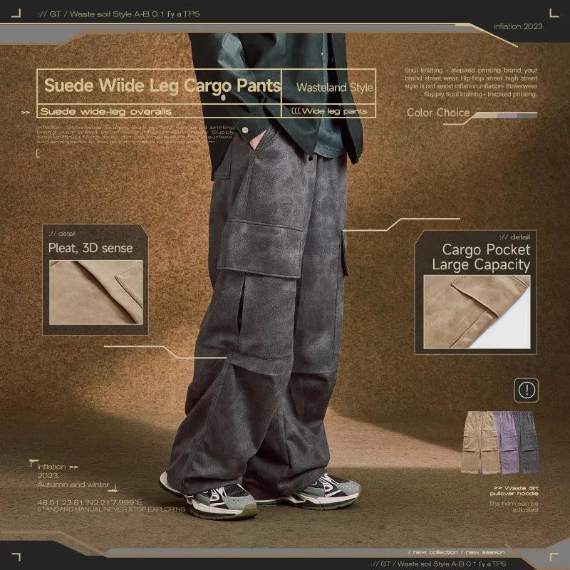 INFLATION Retro Washed Suede Wide Leg Cargo Pants