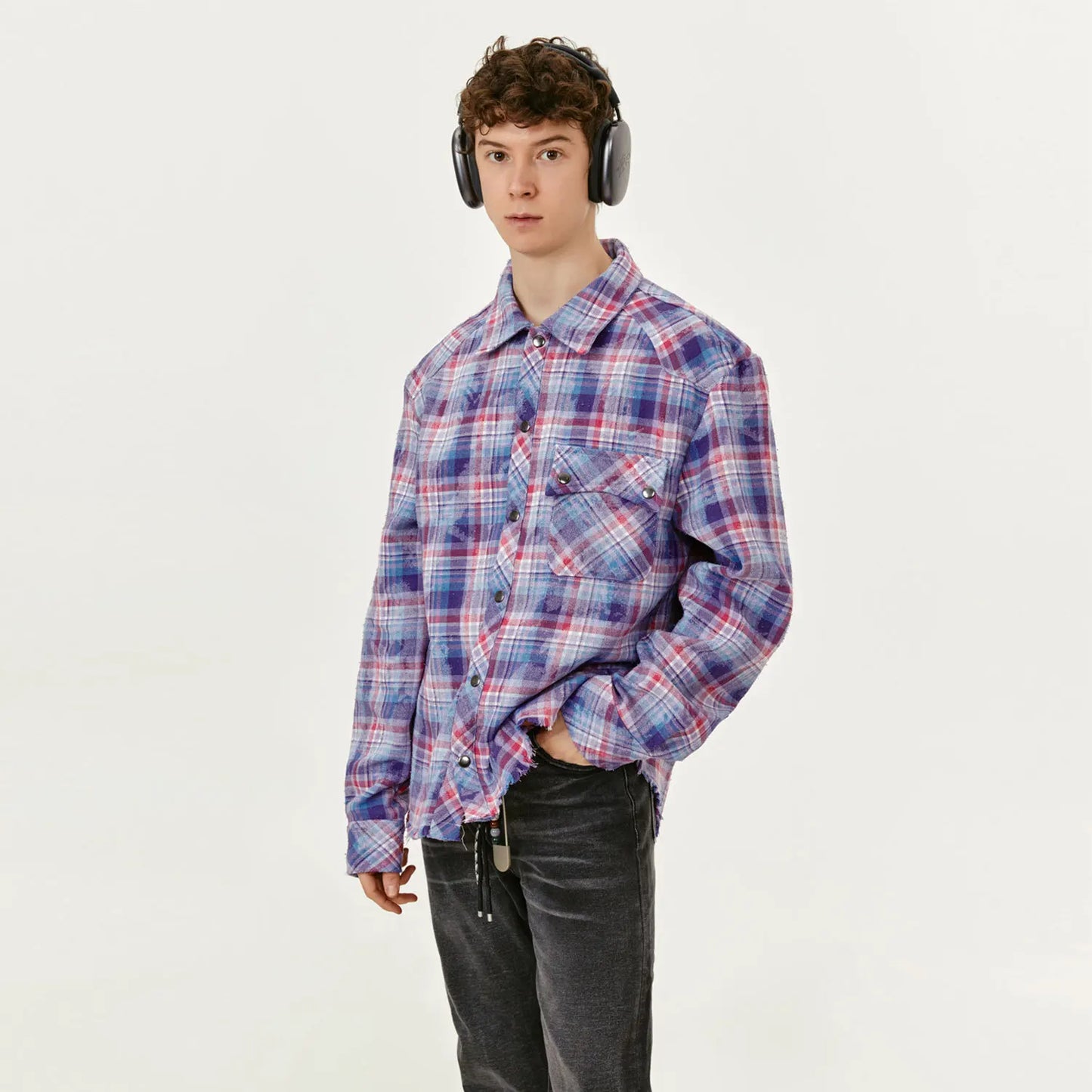 MADEEXTREME Checkered Tassels Damaged Shirt