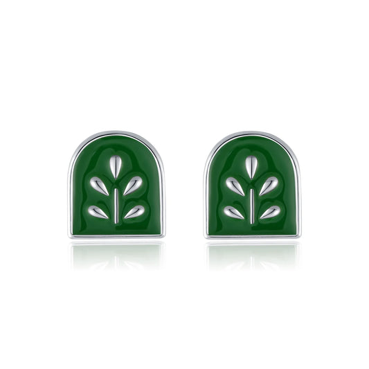 925 Sterling Silver Retro Exquisite Green Enamel Plant Badge Stud Earrings