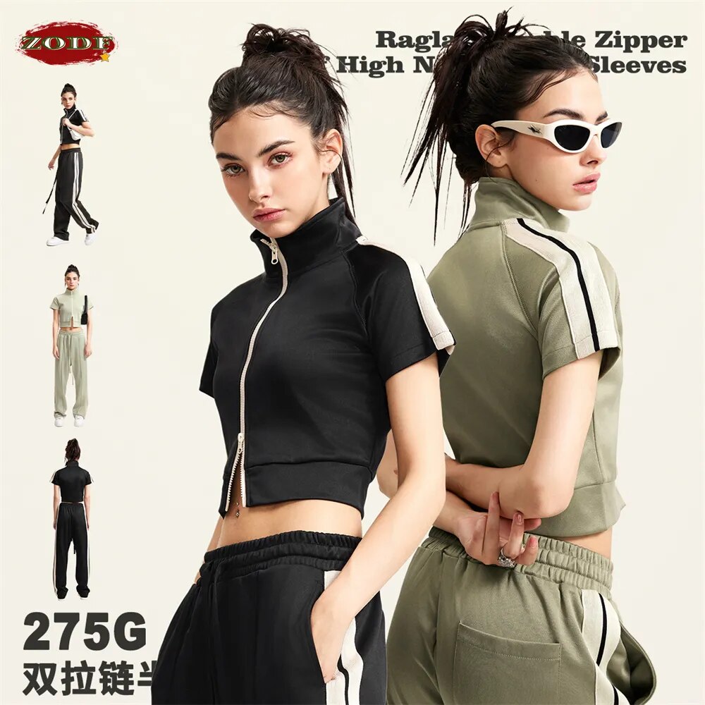 ZODF Turtleneck Double Zipper Short Sleeve Crop Jacket