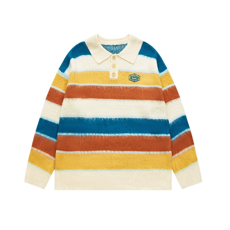 INFLATION Lapel Colorful Stripe Soft Touch Oversized Polo Collar Knitted Sweater