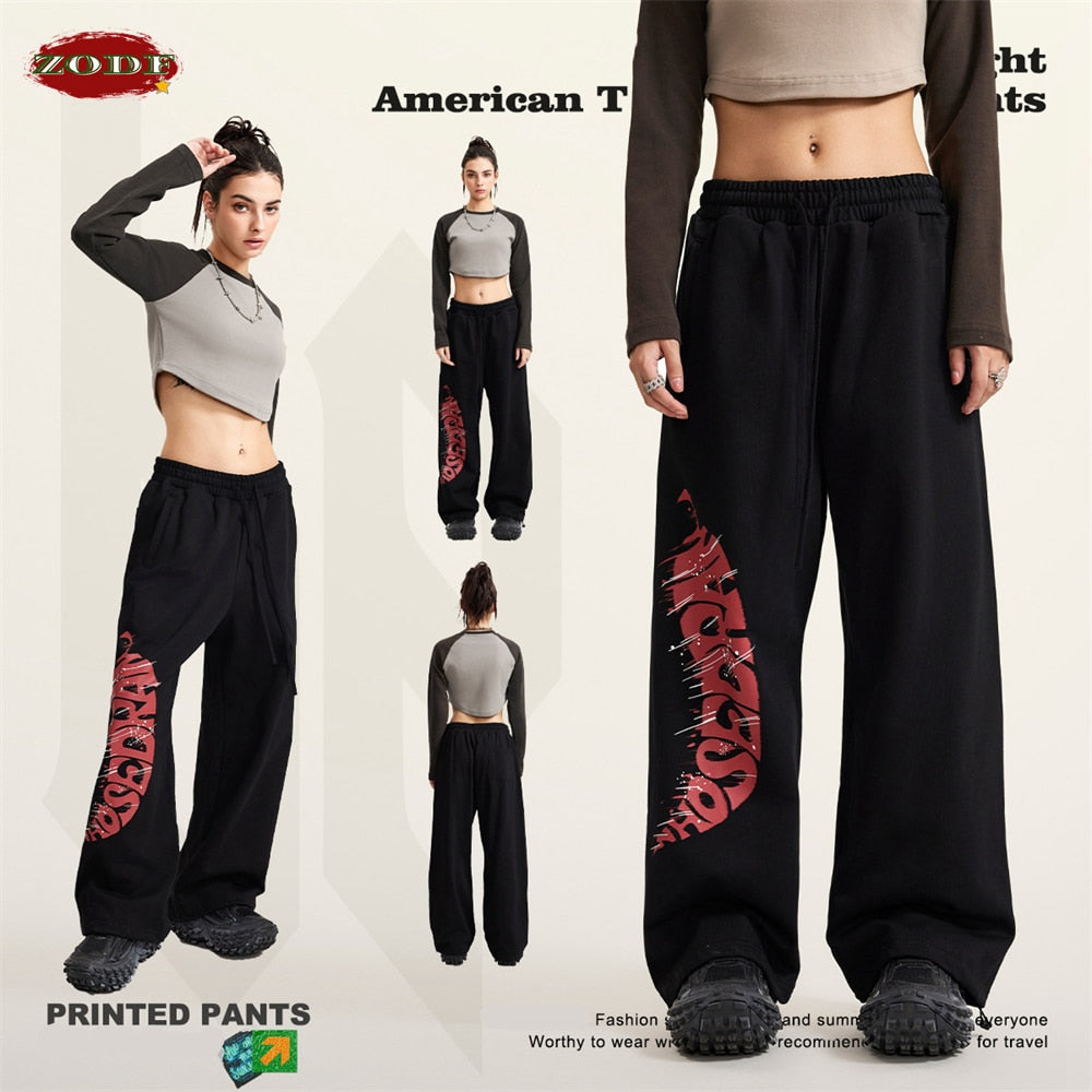 ZODF Graphic Print Heavyweight Loose Adjustable Wide Leg Pants