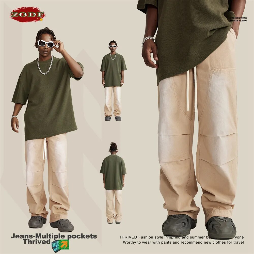 ZODF Cotton Loose High Street Monkey Washed Casual Cargo Trousers