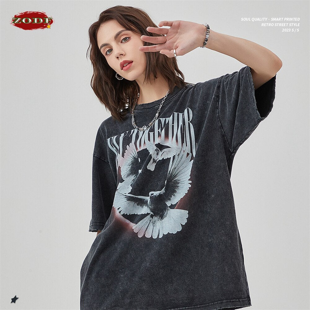 ZODF Washed Cotton Street Pigeon Printing Distressed T-shirt