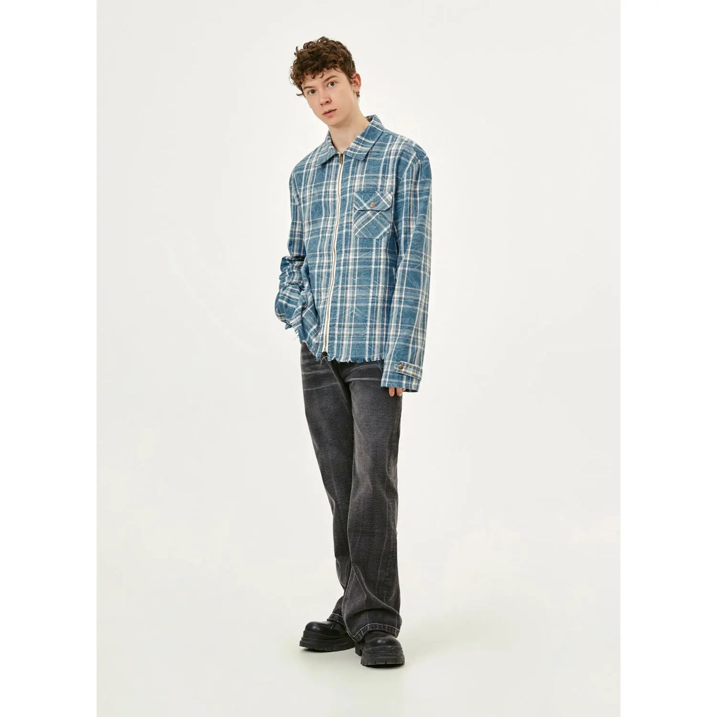 MADEEXTREME Checkered Tassels Zip Up Casual Shirt