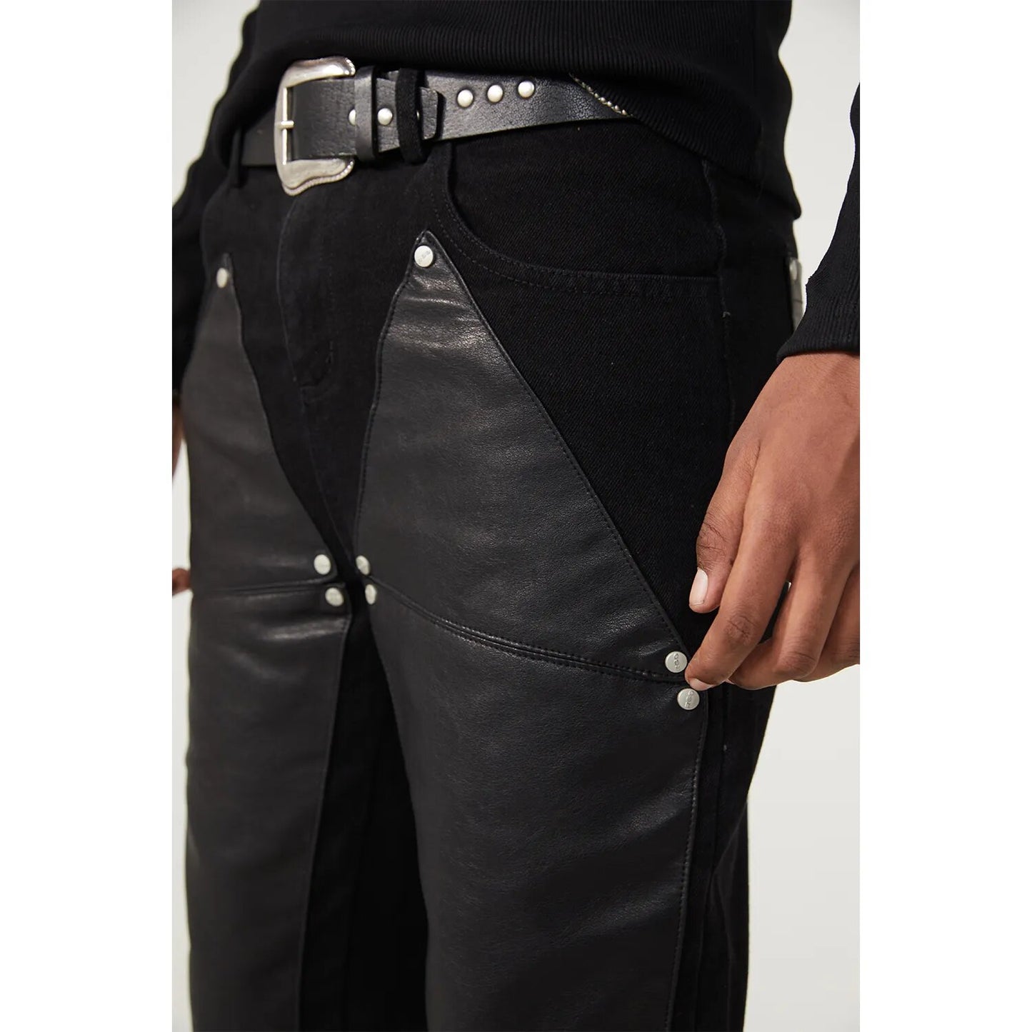 R69 Black PU leather stitching jeans