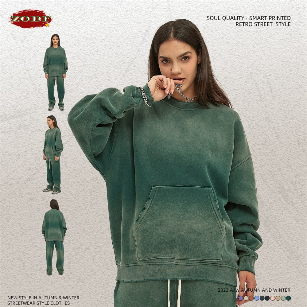 ZODF Oversized Ripped O-Neck Washed Fleece Sweatshirt