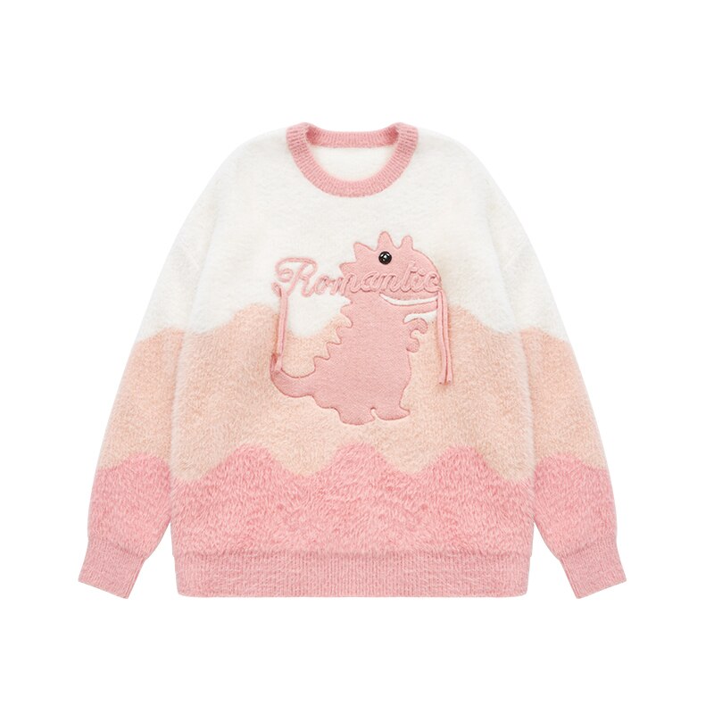 INFLATION Romantic Dinosaur Embroidery Colorblock Knitted Sweater