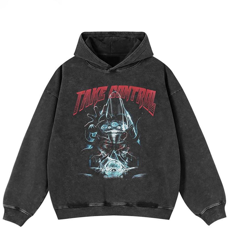 Oversized Monster Graphic Washed Black Hooded