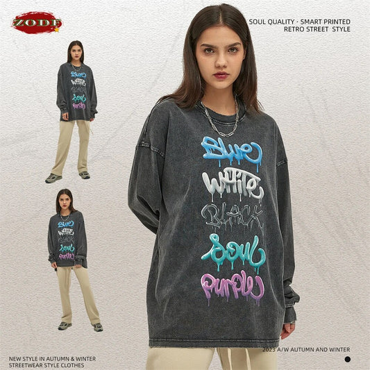 ZODF Washed Long Sleeve Letter Graphic Cotton T-Shirt