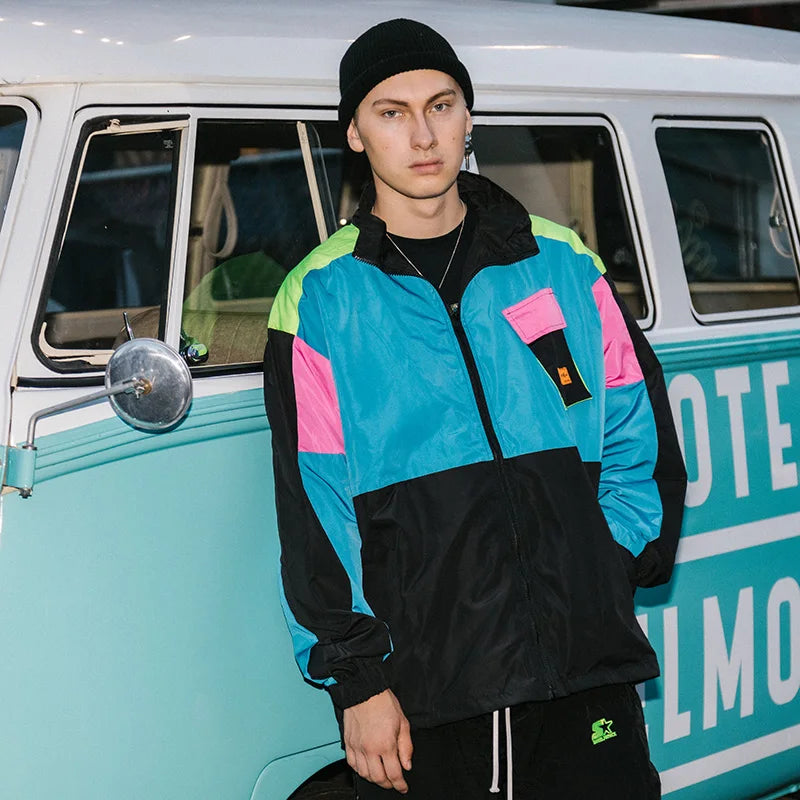 Retro Color Block Patchwork Oversized Windbreaker Jacket