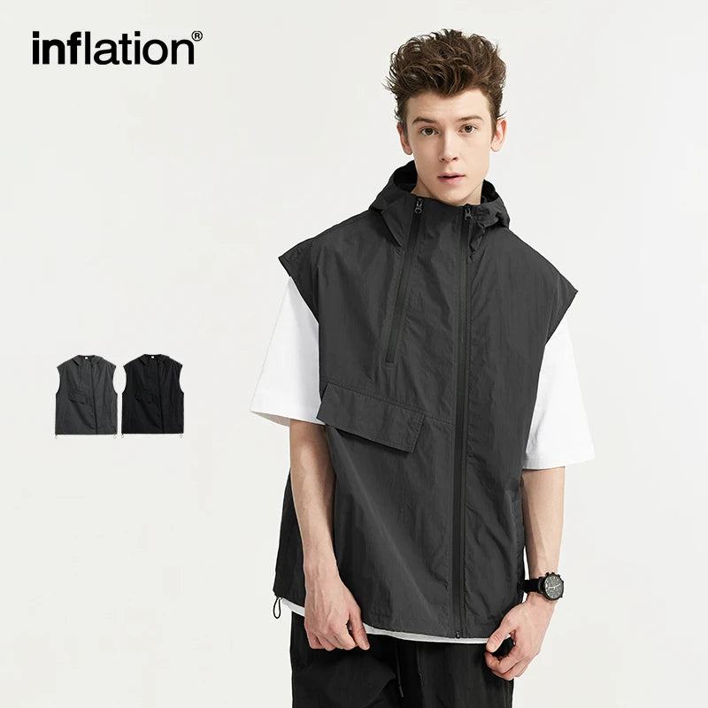 Double Zipper Lightweight Hooded Sleeveless Outdoor Cargo Vest